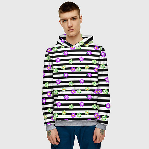 Мужская толстовка Фиолетовые зеленый цветы на черно белом полосатом / 3D-Меланж – фото 3