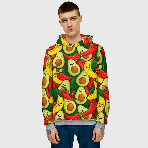 Мужская толстовка Авокадо, бананы, перцы чили улыбаются - паттерн фр / 3D-Меланж – фото 3