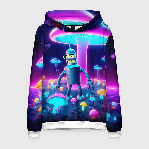 Мужская толстовка Робот-сгибальщик Бендер на поляне неоновых грибов / 3D-Белый – фото 1