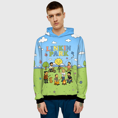 Мужская толстовка Linkin Park мультяшный стиль на поляне / 3D-Черный – фото 3