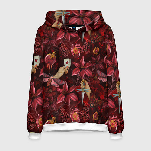 Мужская толстовка Бордовая готика с сердцем, лилиями и мотыльками / 3D-Белый – фото 1