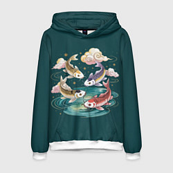 Толстовка-худи мужская Рыбы в облаках над прудом, цвет: 3D-белый
