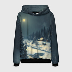 Толстовка-худи мужская Лунная зимняя ночь в лесу у реки, цвет: 3D-черный