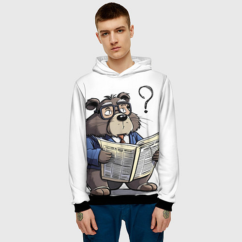 Мужская толстовка Бобр - интеллигент с газетой / 3D-Черный – фото 3