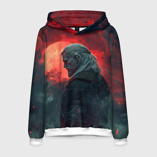 Мужская толстовка Ведьмак на фоне красной луны / 3D-Белый – фото 1