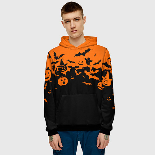 Мужская толстовка Хэллоуин тыквы и призраки / 3D-Черный – фото 3