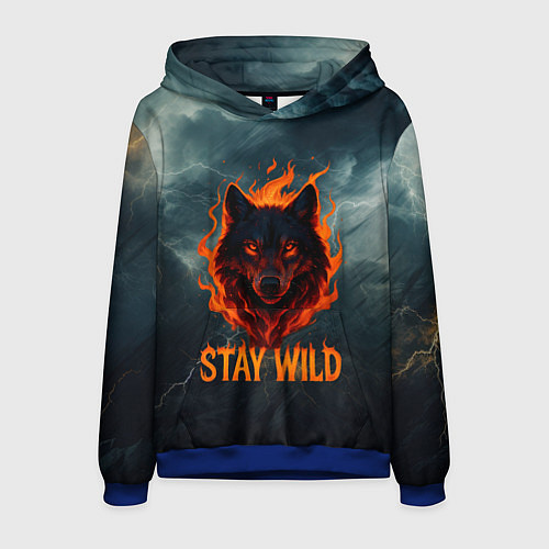Мужская толстовка Stay wild волк в огне / 3D-Синий – фото 1