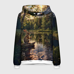 Толстовка-худи мужская Заяц на рыбалке, цвет: 3D-белый