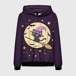 Толстовка-худи мужская Хэллоуин, кот на метле, луна, цвет: 3D-черный