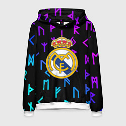 Толстовка-худи мужская Реал Мадрид неоновые символы, цвет: 3D-белый