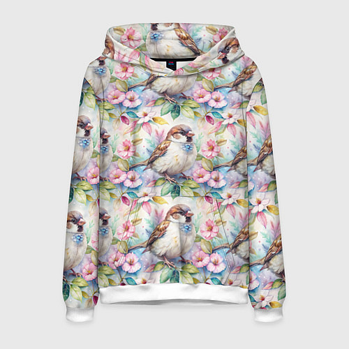 Мужская толстовка Воробей в ярких цветах паттерн / 3D-Белый – фото 1