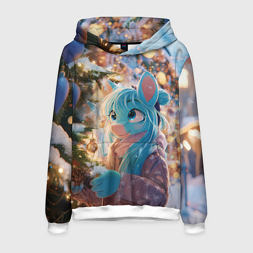 Мужская толстовка Синяя новогодняя лошадка / 3D-Белый – фото 1