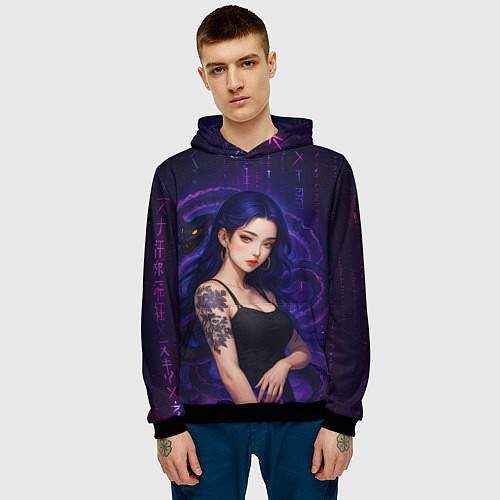 Мужская толстовка Девушка с тату на руке и пурпурная змея / 3D-Черный – фото 3