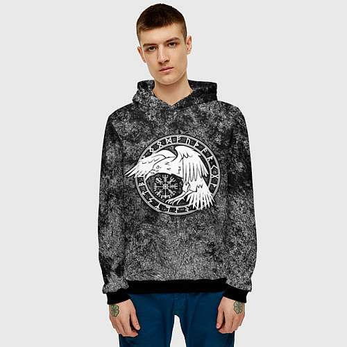 Мужская толстовка Ворон в круге рун и компас вегвизир / 3D-Черный – фото 3