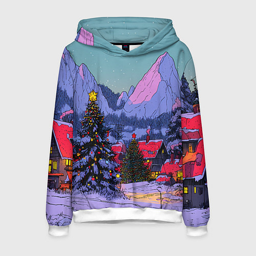 Мужская толстовка Новогодние елки в горном городке / 3D-Белый – фото 1