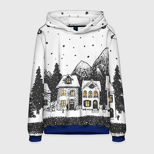 Мужская толстовка Черно-белый новогодний город / 3D-Синий – фото 1