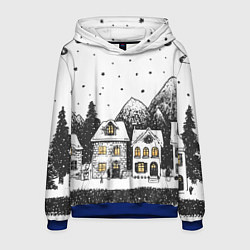 Толстовка-худи мужская Черно-белый новогодний город, цвет: 3D-синий