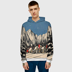 Толстовка-худи мужская Небольшой новогодний город в горах, цвет: 3D-белый — фото 2