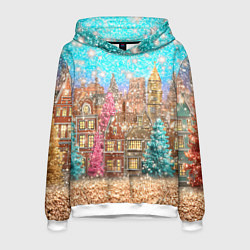 Толстовка-худи мужская Новогодний город в блестках, цвет: 3D-белый