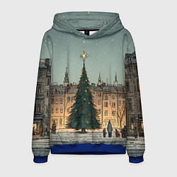 Толстовка-худи мужская Новогодняя елка во дворе, цвет: 3D-синий