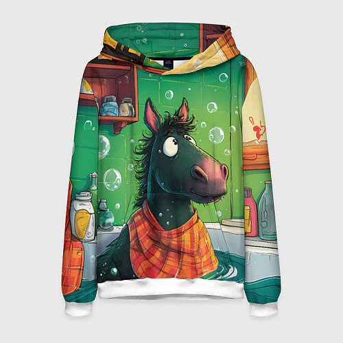 Мужская толстовка Лошадь моется в ванной / 3D-Белый – фото 1