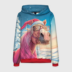 Толстовка-худи мужская Новогодняя лошадь в очках, цвет: 3D-красный