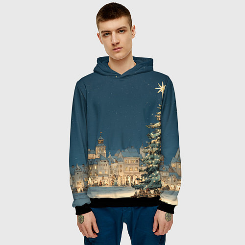 Мужская толстовка Новогодняя атмосфера в городе / 3D-Черный – фото 3
