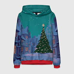 Толстовка-худи мужская Зеленая новогодняя елка во вдоре, цвет: 3D-красный