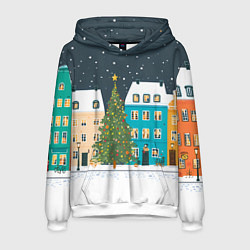 Толстовка-худи мужская Новогодний снежный город, цвет: 3D-белый