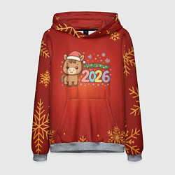 Толстовка-худи мужская Новогодняя лошадка 2026 на красном фоне, цвет: 3D-меланж