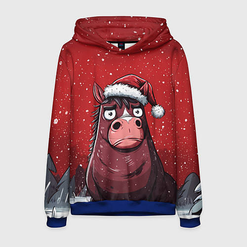 Мужская толстовка Конь в новогодней шапке / 3D-Синий – фото 1