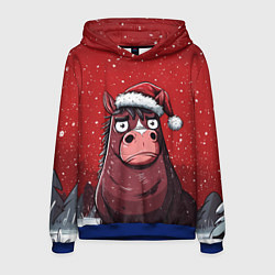 Толстовка-худи мужская Конь в новогодней шапке, цвет: 3D-синий