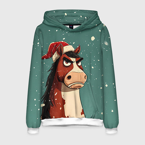 Мужская толстовка Новогодняя лошадь на фоне снегопада / 3D-Белый – фото 1
