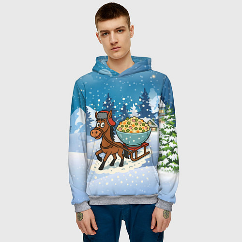 Мужская толстовка Лошадка везет на санках тазик оливье / 3D-Меланж – фото 3