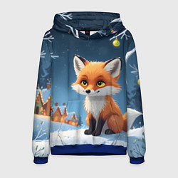 Толстовка-худи мужская Лисичка новогодней ночью, цвет: 3D-синий