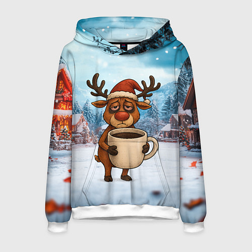 Мужская толстовка Уставший новогодний олень с кофе / 3D-Белый – фото 1
