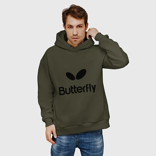 Мужское худи оверсайз Butterfly Logo / Хаки – фото 3