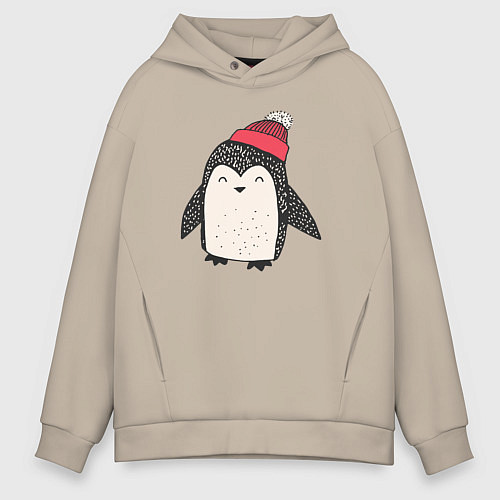 Мужское худи оверсайз Зимний пингвин-мальчик / Миндальный – фото 1