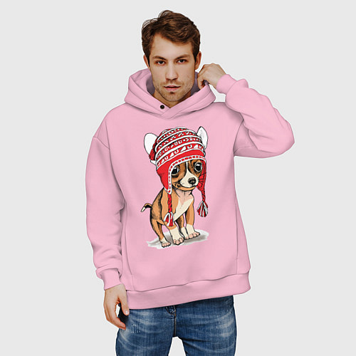 Мужское худи оверсайз Чихуахуа в шапочке / Светло-розовый – фото 3
