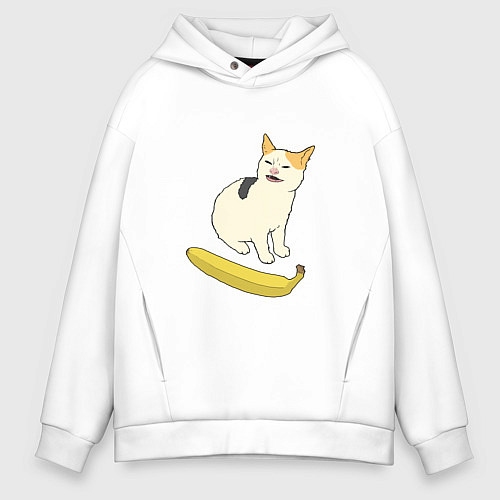 Мужское худи оверсайз Cat no banana meme / Белый – фото 1