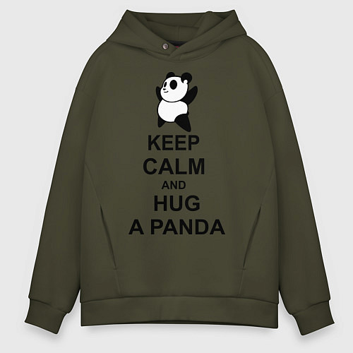 Мужское худи оверсайз Keep Calm & Hug A Panda / Хаки – фото 1