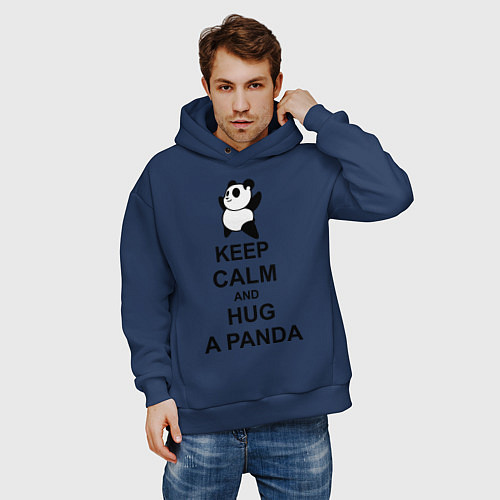 Мужское худи оверсайз Keep Calm & Hug A Panda / Тёмно-синий – фото 3