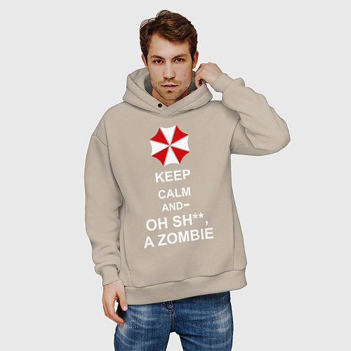 Мужское худи оверсайз Keep Calm & Oh Sh**, A Zombie / Миндальный – фото 3