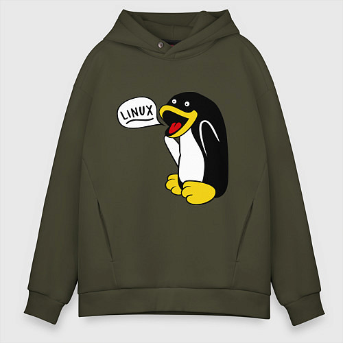 Мужское худи оверсайз Пингвин: Linux / Хаки – фото 1