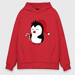 Толстовка оверсайз мужская Новогодний пингвин, цвет: красный