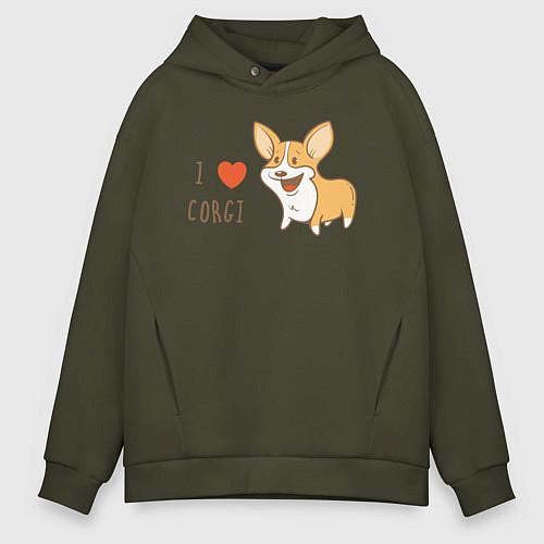 Мужское худи оверсайз I LOVE CORGI / Хаки – фото 1