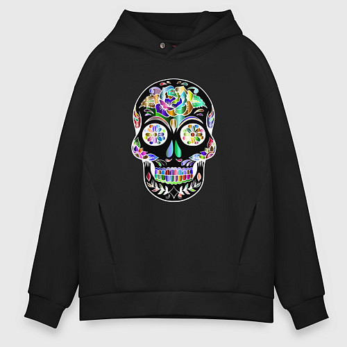 Мужское худи оверсайз Flowers - Art skull / Черный – фото 1