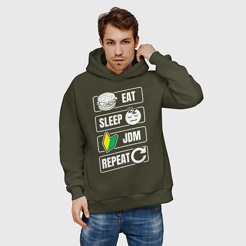 Мужское худи оверсайз Eat Sleep JDM Repeat / Хаки – фото 3