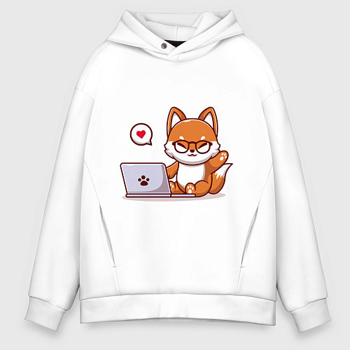 Мужское худи оверсайз Cute fox and laptop / Белый – фото 1