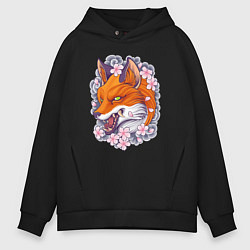 Толстовка оверсайз мужская Лиса и сакура, цвет: черный